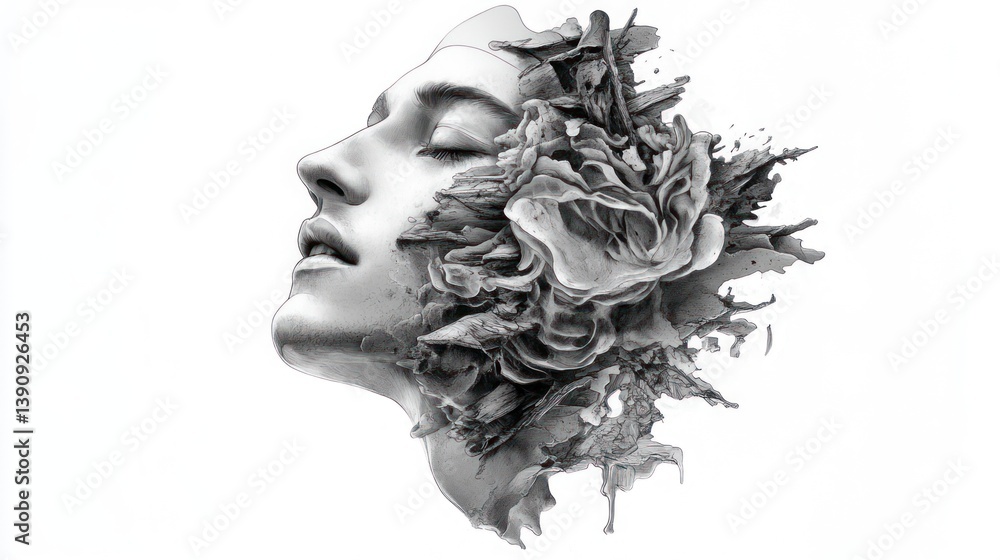 Fototapeta premium Abstract grayscale woman's face, floral burst, studio shot