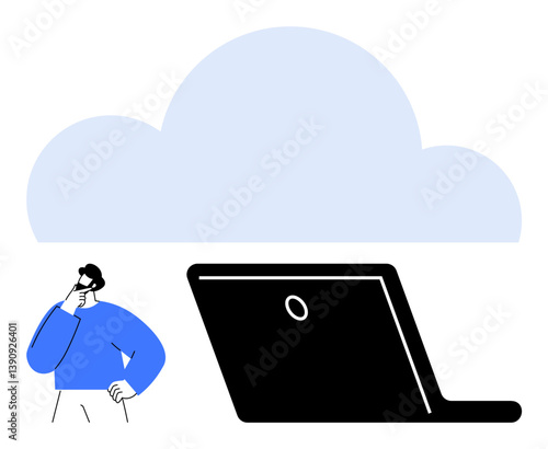 Man with thoughtful pose next to laptop beneath large cloud shape. Ideal for technology, cloud storage, remote work, innovation, data management, IT, digital transformation themes. Flat simple