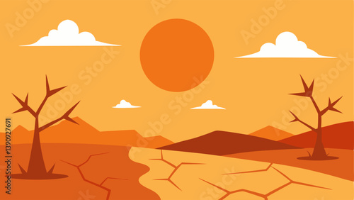 Drought Landscape An of cracked dry land with wilting plants a parched riverbed and a sun blazing down symbolizing severe drought conditions.