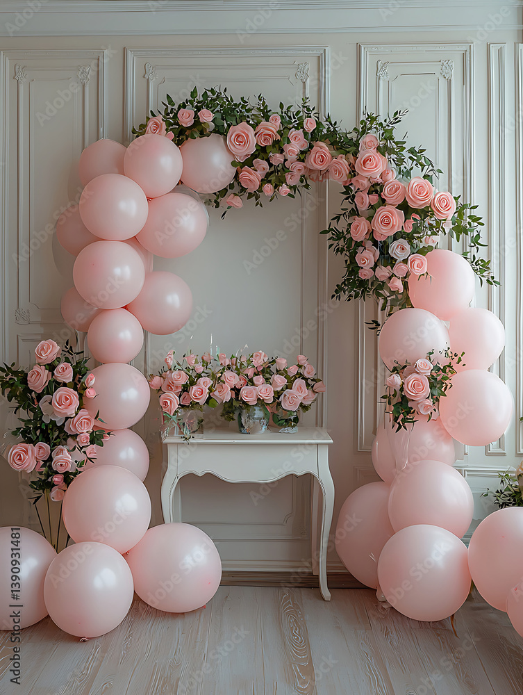 Elegant arrangement of pink balloons and roses forms an arch around a decorative table against a paneled wall.