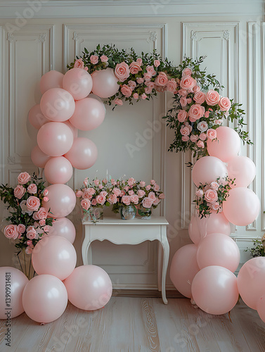 Obraz na płótnie Elegant arrangement of pink balloons and roses forms an arch around a decorative table against a paneled wall. w salonie