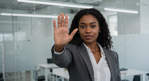 Woman shows stop gesture with her hand. Concept of protection against workplace harassment and violence. Prevention of abuse. Female business professional asks to stop, say no