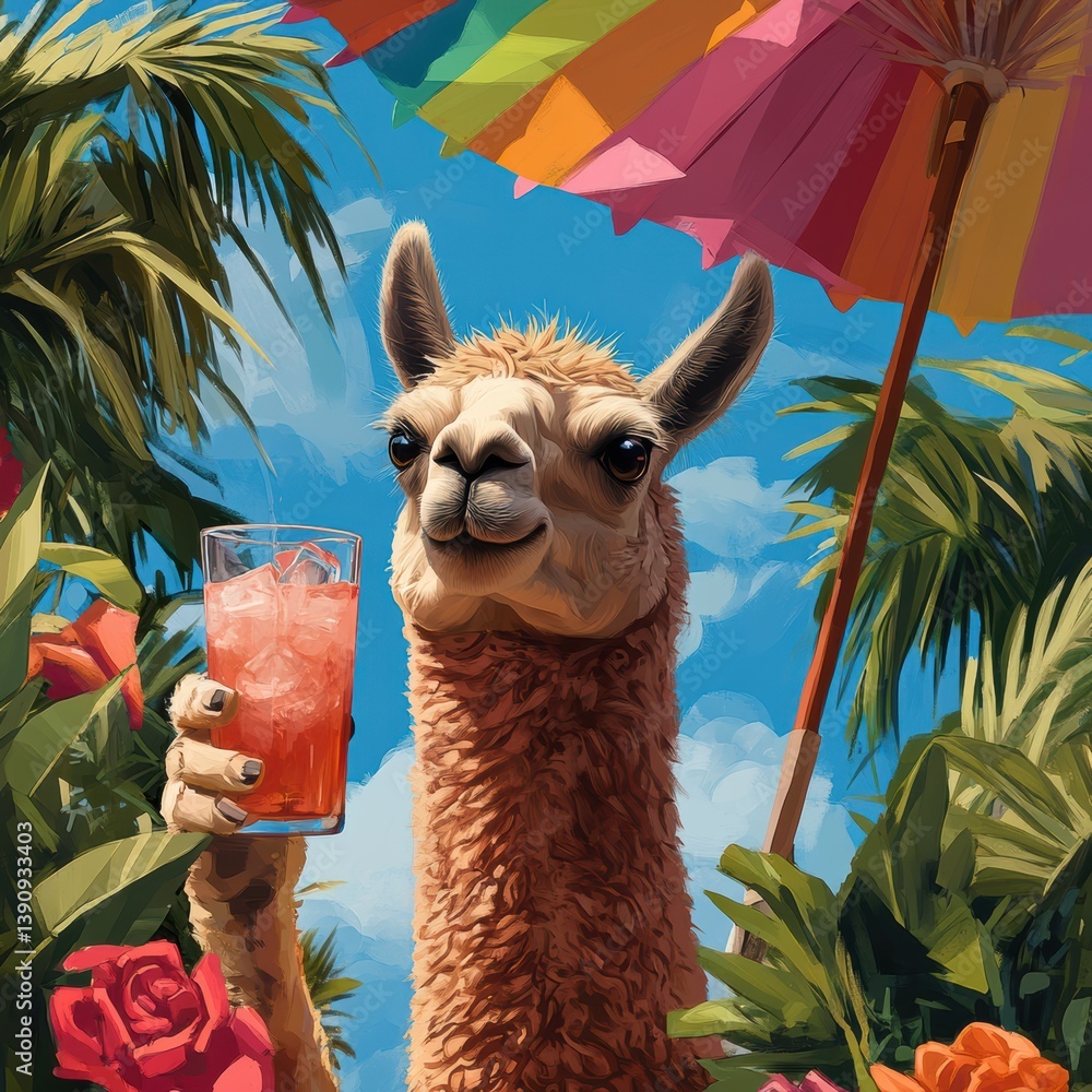 Fototapeta premium Curious alpaca sips a refreshing margarita poolside under colorful umbrellas in Mexico