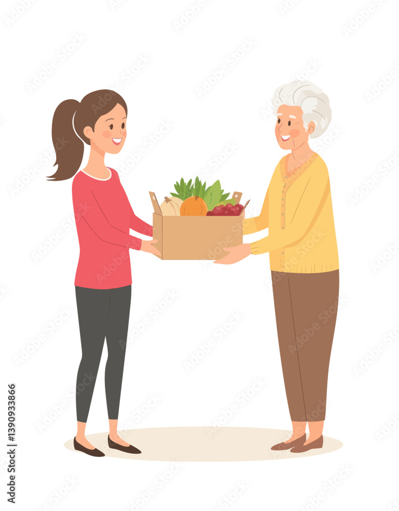 A modern flat illustration depicts two women sharing groceries from a box, symbolizing kindness and community through its use of vibrant colors and simple geometric shapes A modern flat illustration depicts two women sharing groceries from a box, symbolizing kindness and community through its use of vibrant colors and simple geometric shapes