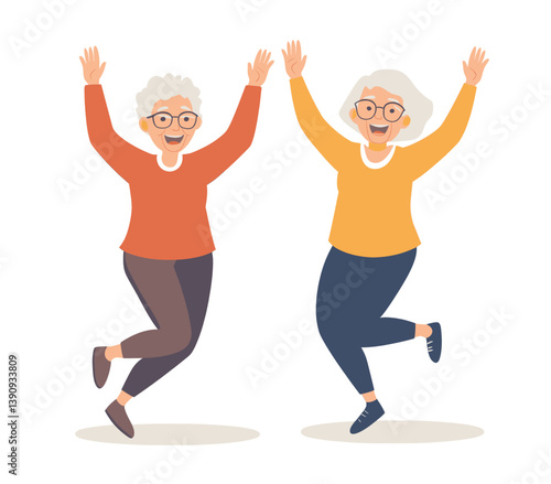 Two elderly women exuding joy and celebrating together in a modern flat design style characterized by vibrant colors and energetic expressions