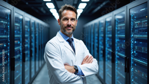 confident professional lab coat stands modern data center, surrounded by server racks, showcasing expertise and innovation