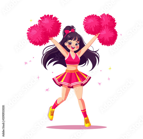 A cheerleader wearing a red and white uniform is depicted performing a lively jump while holding pink pom-poms in a modern flat illustration