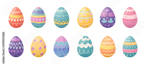 A colorful cartoon set of Easter egg icons isolated on a white background, featuring spring-themed decor elements and a holiday egg hunt, in a modern illustration style