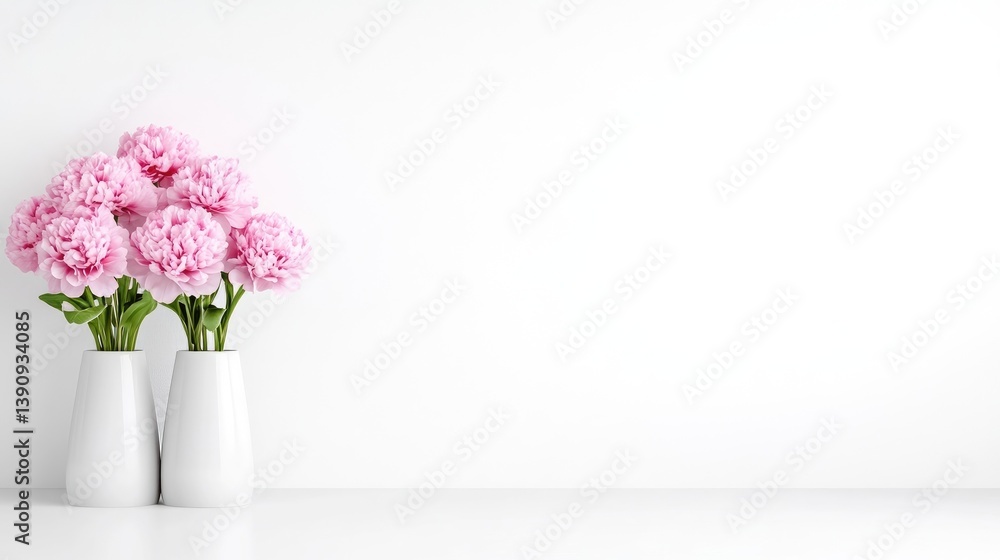 Delicate pink peonies in white vases against a white wall Delicate pink peonies in white vases against a white wall