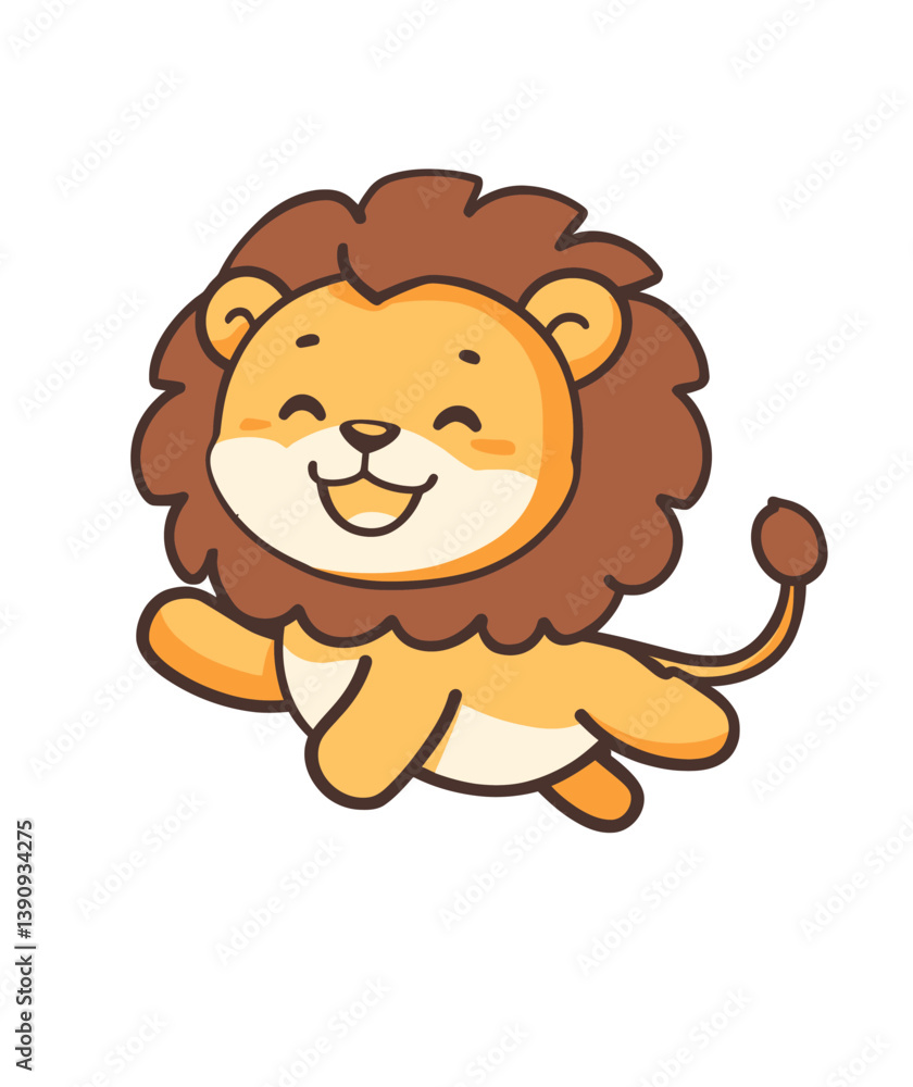 Obraz premium A cartoon lion with an orange mane is depicted in a playful, modern flat illustration style, conveying a cheerful personality