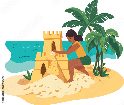 A girl is constructing a sandcastle on the beach in a modern flat design art style