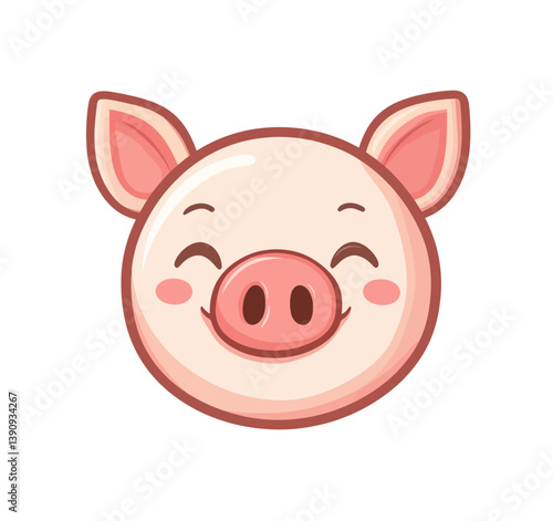 Modern illustration of a cute pig face with a smiling expression, created in a flat design style using simple shapes