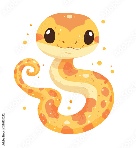 Modern illustration features a cute orange snake character coiling and smiling in a flat design style