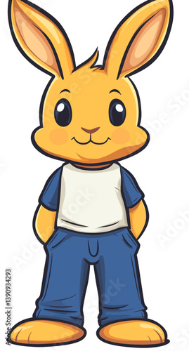 A charming orange bunny character wearing blue pants is depicted in a lively and upbeat flat modern illustration