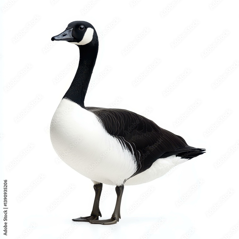 Obraz premium A lone goose stands proudly against a crisp white backdrop, highlighting its unique features and elegant posture.