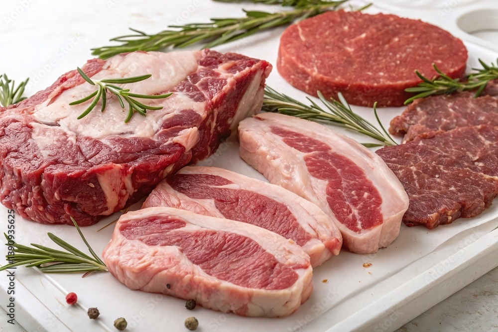 Fresh Raw Steak with Rosemary and Peppercorns on White Background Fresh Raw Steak with Rosemary and Peppercorns on White Background