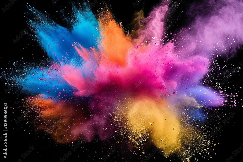 Colorful powder explosion isolated on a black background, a colorful dust splash in motion, color Colorful powder explosion isolated on a black background, a colorful dust splash in motion, color