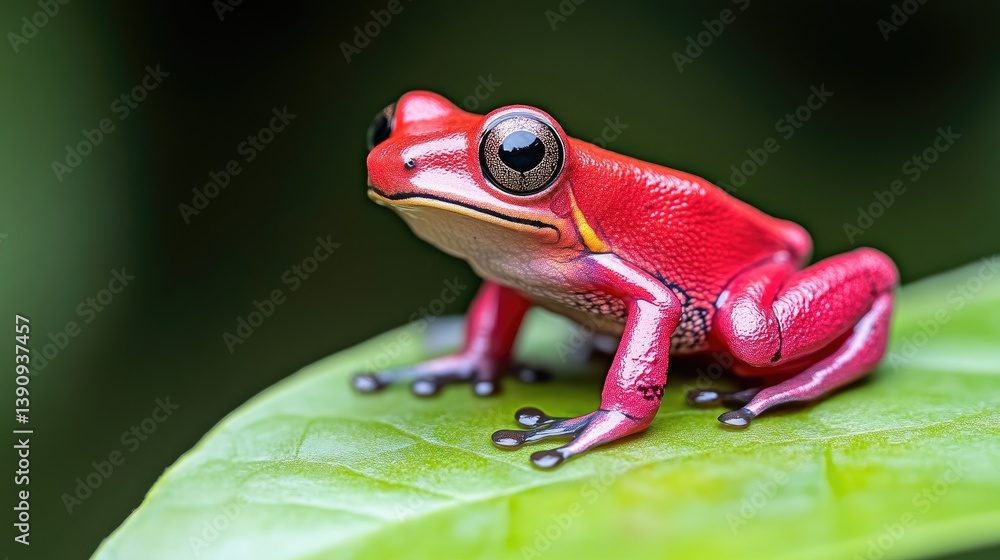 Naklejka premium A vibrant red frog perched on a green leaf in a lush forest, close-up view showcasing detailed texture and vivid colors, and nature photography.