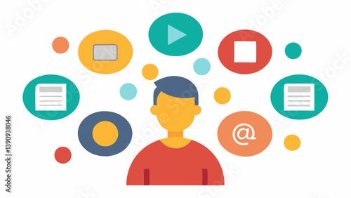 Diverse News Sources An showing various news outlets as colorful bubbles around a person with some bubbles appearing vibrant and others gray and dull indicating biased