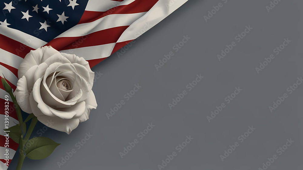 Obraz premium White Rose by Flag Background – Perfect for Patriot Events