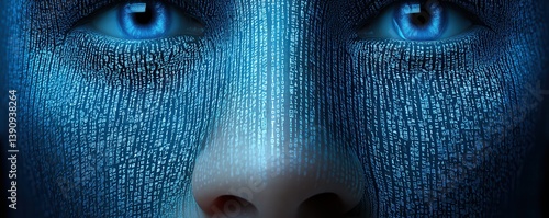 Synthetic biology DNA future science concept. Digital face with binary code pattern and striking blue eyes, representing technology and information.