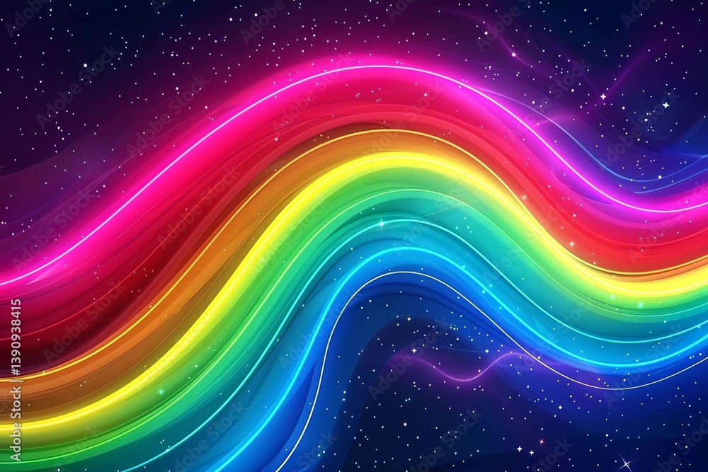 Colorful spectrum rainbow background with glowing neon wavy lines and stars on a dark night sky. Colorful spectrum rainbow background with glowing neon wavy lines and stars on a dark night sky.