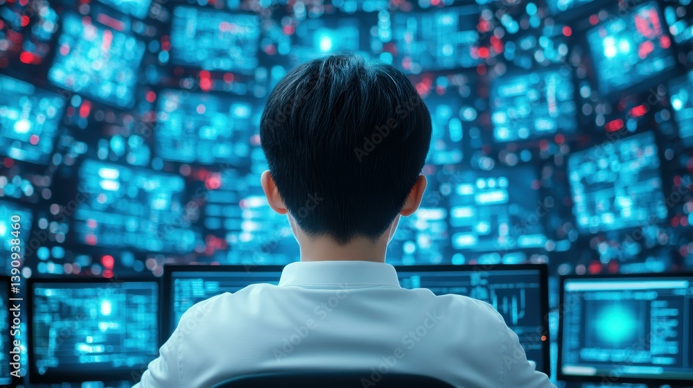 A focused man works diligently at his computer, surrounded by a busy room filled with monitors and people working. A focused man works diligently at his computer, surrounded by a busy room filled with monitors and people working.