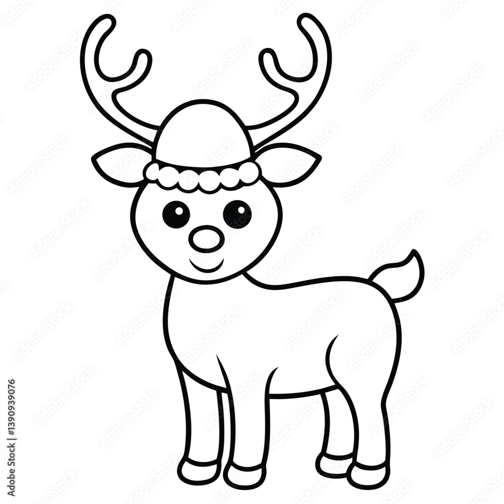 Cute cartoon reindeer, a brown mammal with big antlers and a red nose, is a vector illustration isolated on white coloring page Cute cartoon reindeer, a brown mammal with big antlers and a red nose, is a vector illustration isolated on white coloring page