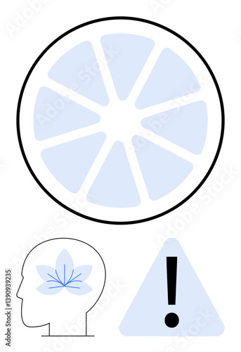 Circular segmented diagram contrasts with head profile featuring a flower and exclamation in triangle. Ideal for creativity, mindfulness, focus, mental health, innovation, caution, design concepts