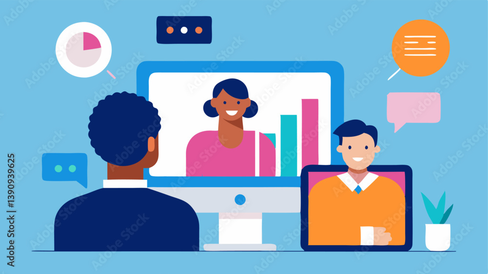 Client Meeting A scene showing a consultant interacting with a client over a video call with charts and campaign strategies shared on the screen. Client Meeting A scene showing a consultant interacting with a client over a video call with charts and campaign strategies shared on the screen.