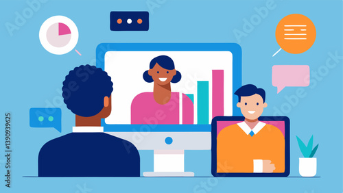 Client Meeting A scene showing a consultant interacting with a client over a video call with charts and campaign strategies shared on the screen.