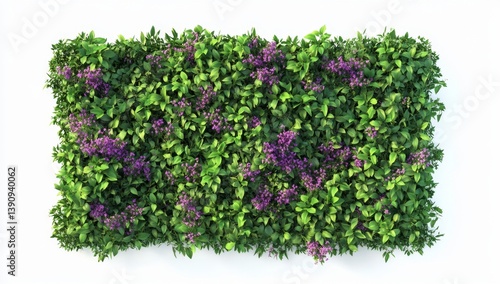 Lush vertical garden panel with vibrant greenery and purple flowers