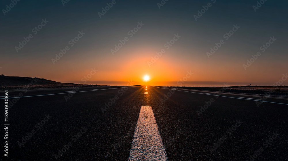Naklejka premium Empty road stretching into a glowing sunrise