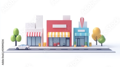 Cartoon city street with shops, cars, and trees