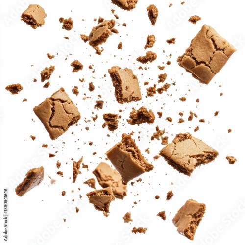 Scattered pieces of a light brown dessert on a white surface