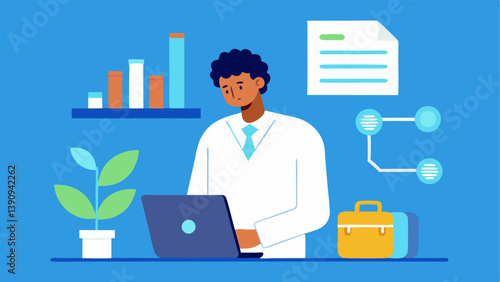 Charts and Data Logs A genetic analyst examining physical documents and charts on a table with a briefcase in the background suggesting a professional environment.