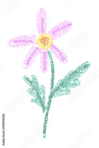 Cute pink flower drawn with crayon or wax brush texture
