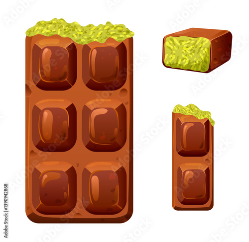 Set of dubai luxury chocolate candy with  pistachio paste and kunafa. Premium food