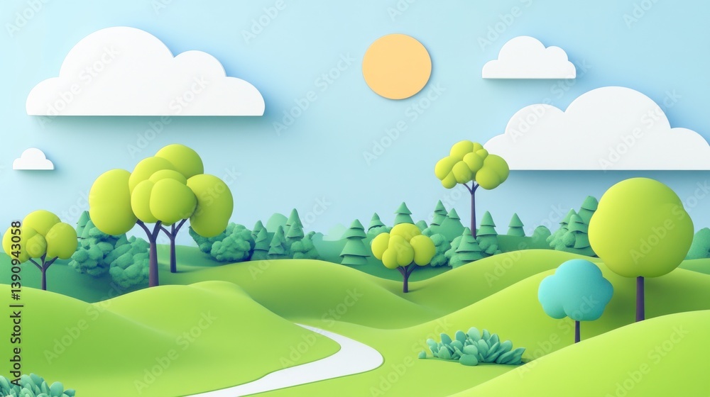 Fototapeta premium Cartoon park, gentle path, sunny day, trees, hills