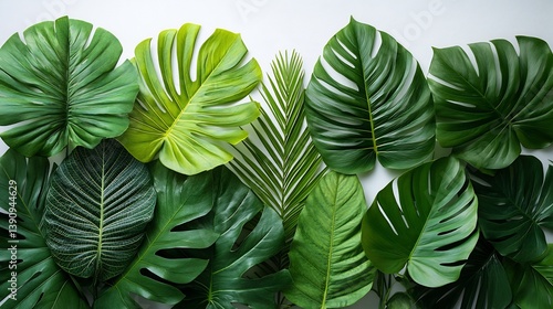 Vibrant collection of exotic green palm leaves and other tropical foliage arranged on a white background