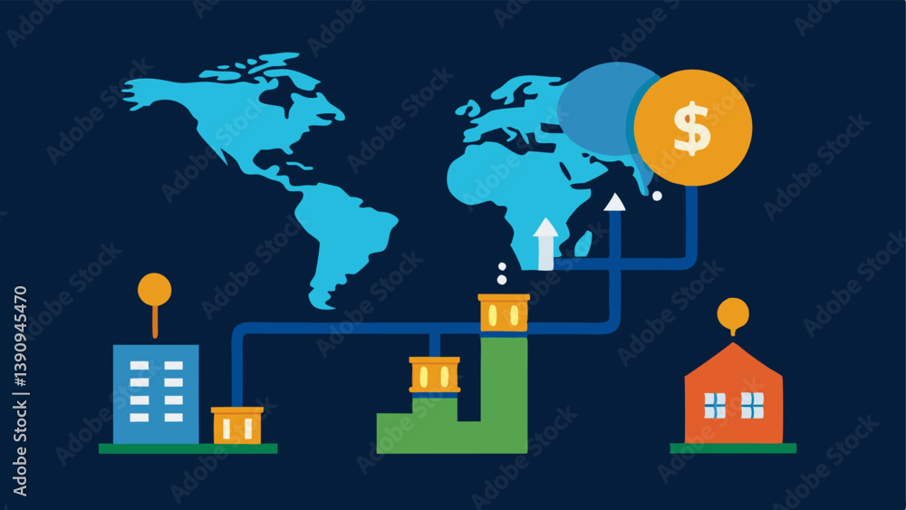 Economic Drain A graphic showing money flowing from a local economy towards a depicted distant multinational headquarters representing economic leakage. Economic Drain A graphic showing money flowing from a local economy towards a depicted distant multinational headquarters representing economic leakage.