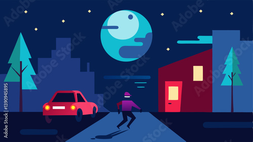 Moonlit Chase A night scene where the moonlight bathes a narrow street highlighting the suspects frantic escape as police cars flash blue and red lights in the distance.