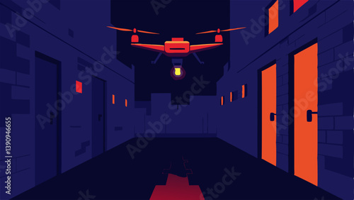 Nighttime Monitoring A drone equipped with thermal imaging technology flying over an alleyway at night highlighting warm bodies in the dark.
