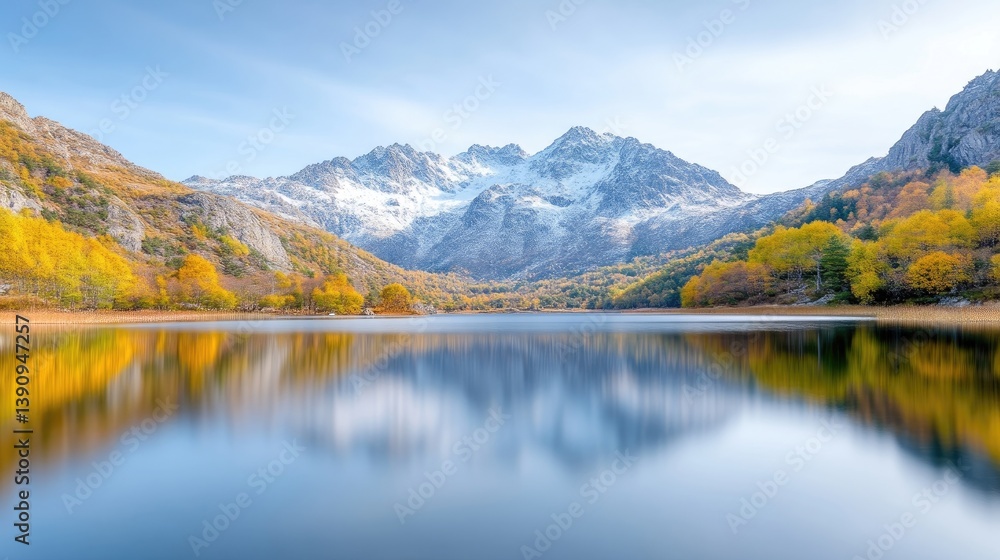 Mountain Lake Autumnal Trees Vivid High-Resolution Wide Angle Still Reflection Peaceful Serenity Calm Nature Photography Cool Blues Ideal for Travel Brochures Mountain Lake Autumnal Trees Vivid High-Resolution Wide Angle Still Reflection Peaceful Serenity Calm Nature Photography Cool Blues Ideal for Travel Brochures