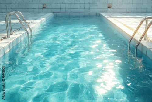 Hyper-Realistic Swimming Pool Edge with Metallic Railings in Bright Midday Sun