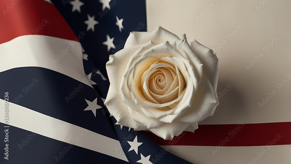 Fototapeta premium Honoring the Fallen – USA Flag and White Rose Backdrop