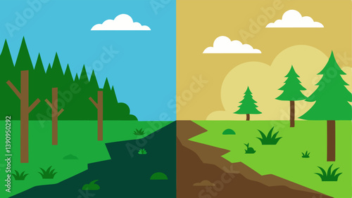 Empty Landscape A beforeandafter scene showing a lush forest on one side and a barren landscape with stumps and soil erosion on the other.