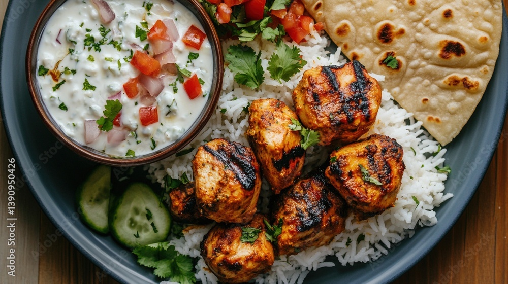 Grilled chicken tikka with rice, chutney, and naan Grilled chicken tikka with rice, chutney, and naan