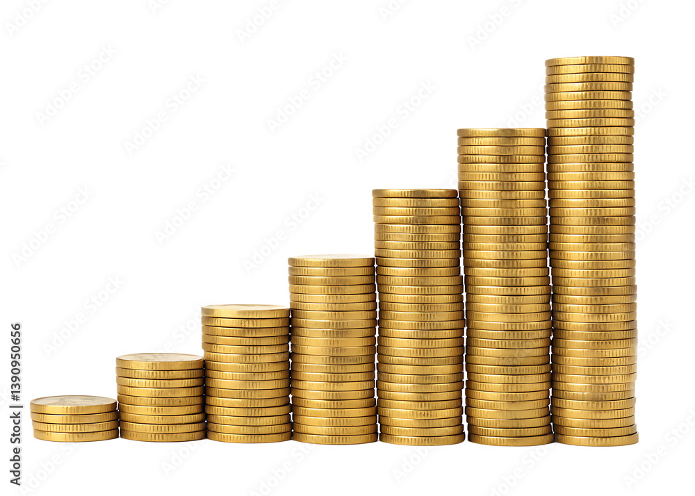 Cinco pilhas de moedas douradas sob fundo branco com reflexo. Arte ilustração para representar economia, reservas, finanças e orçamento. Bancos, instituições financeiras. Poupança e investimento. Cinco pilhas de moedas douradas sob fundo branco com reflexo. Arte ilustração para representar economia, reservas, finanças e orçamento. Bancos, instituições financeiras. Poupança e investimento.