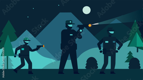 Night Training A nighttime scene where officers are utilizing flashlights and nightvision goggles while moving stealthily portraying the challenges of lowlight operations.